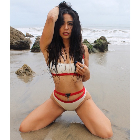 red and white buckle bikini